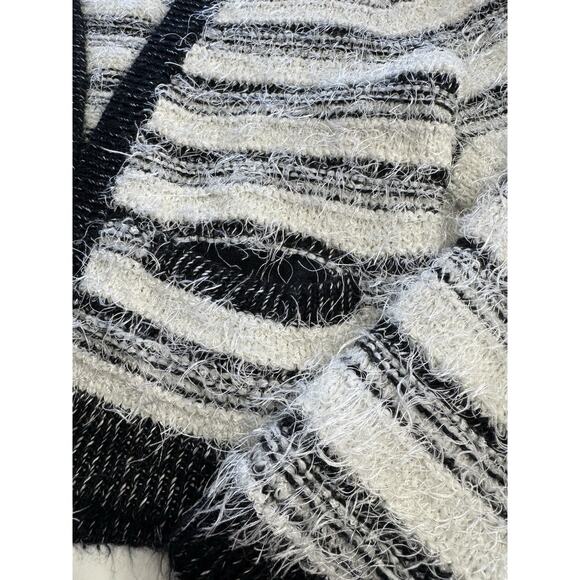Calvin Klein Black White Striped Open Front Fuzzy Cardigan Sweater Size Medium - Picture 2 of 6